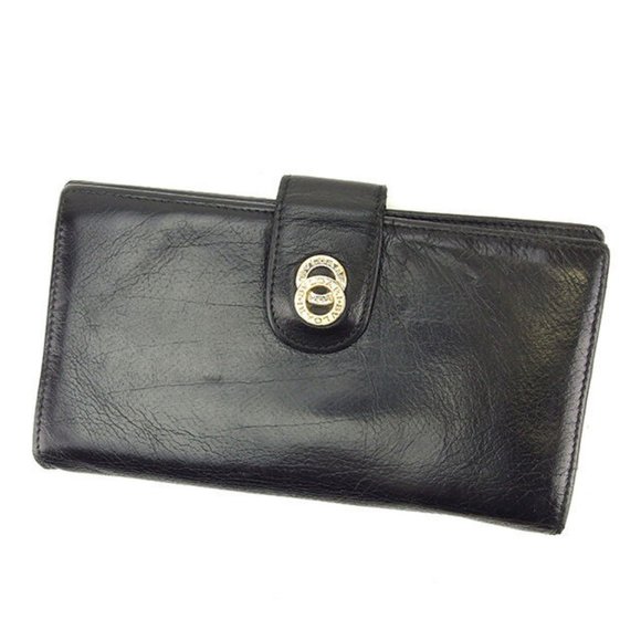 Bvlgari Wallet Purse Long Wallet Black Gold Woman unisex Authentic Used Y7197